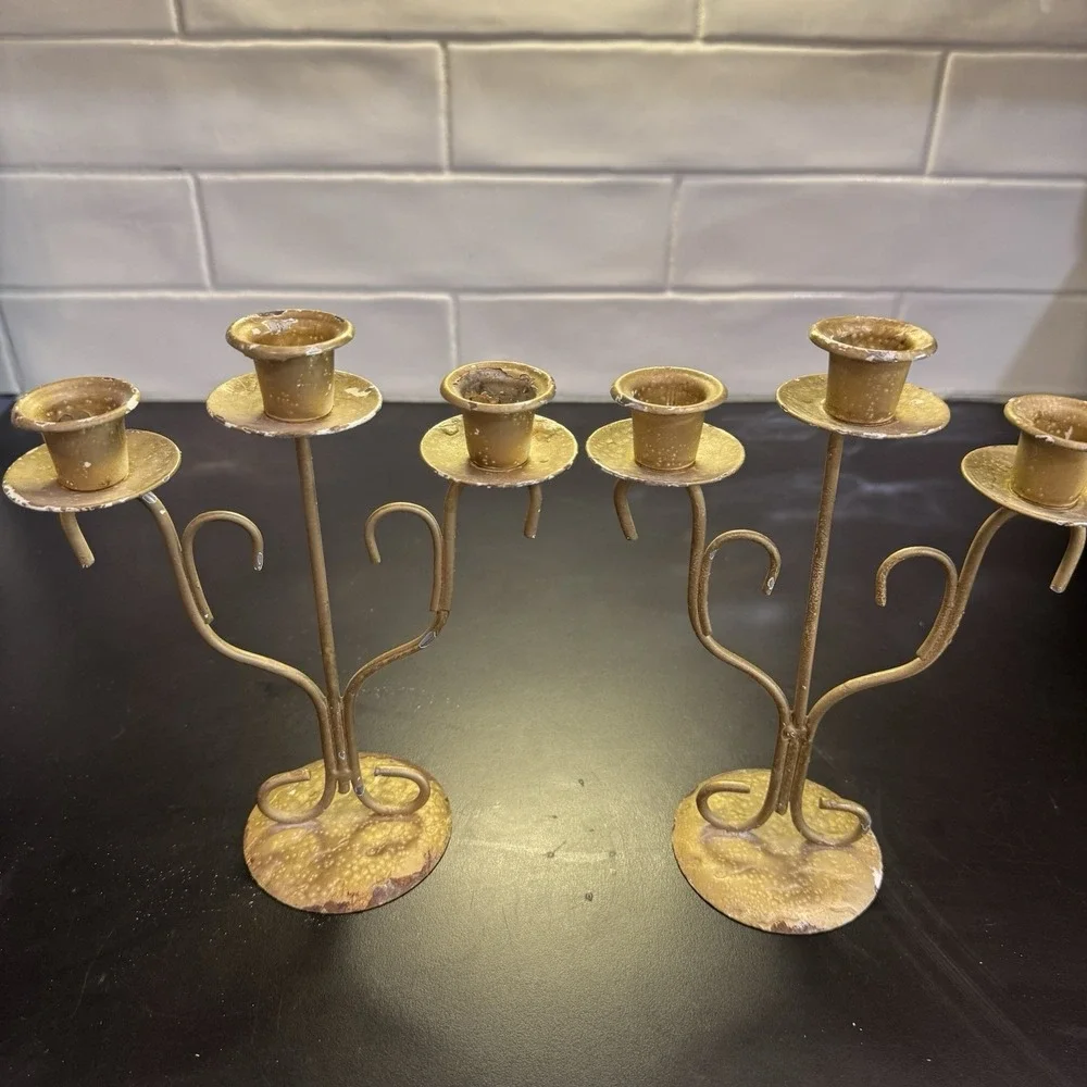 Set Of 2 Candelabra 3 Arm‎ Candle Holders Gold Tone Flake Distressed Patina